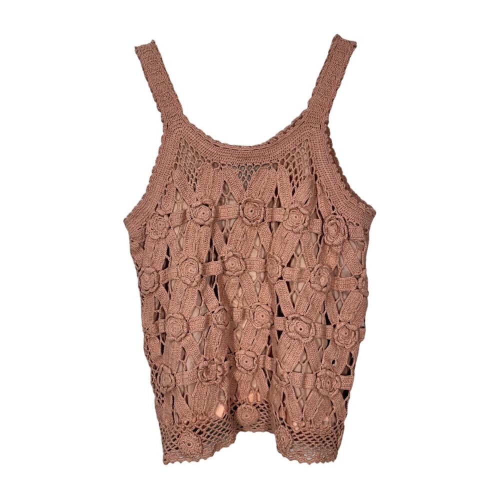 Vintage 90s Sue Wong Floral Crochet Tank Top Small Pink Dusty Rose Boho Cottage - Picture 3 of 5